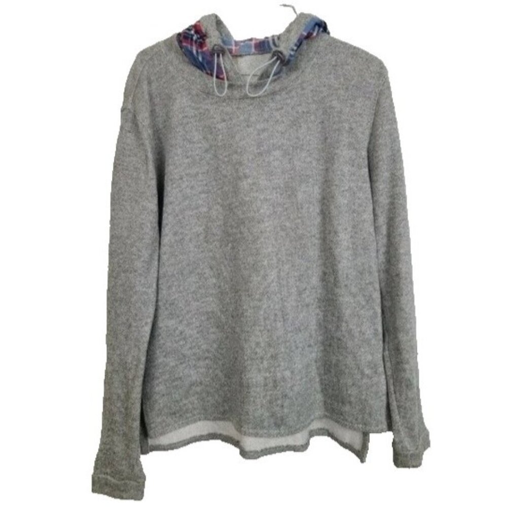 Mono B Womens BOHO Hoodie Medium Gray Plaid Contrast Pullover Casual‎